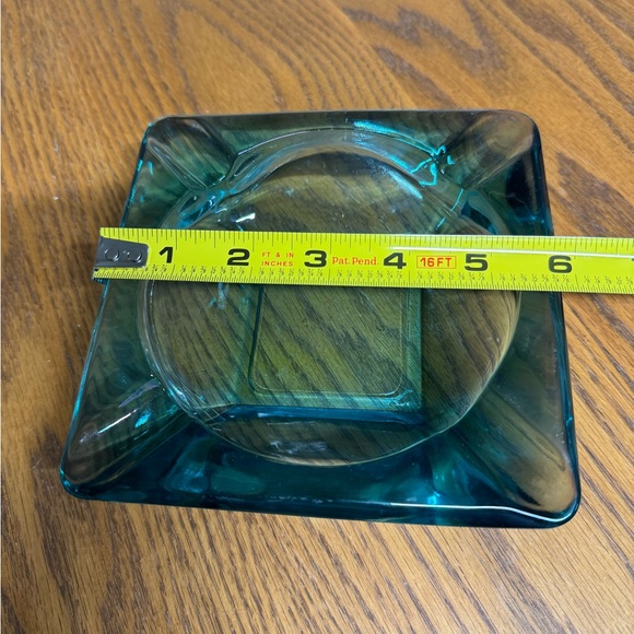 Sold Vintage Ashtray MCM Aqua Blue Glass Square 4 Cigarette Slots  6" - Picture 7 of 8